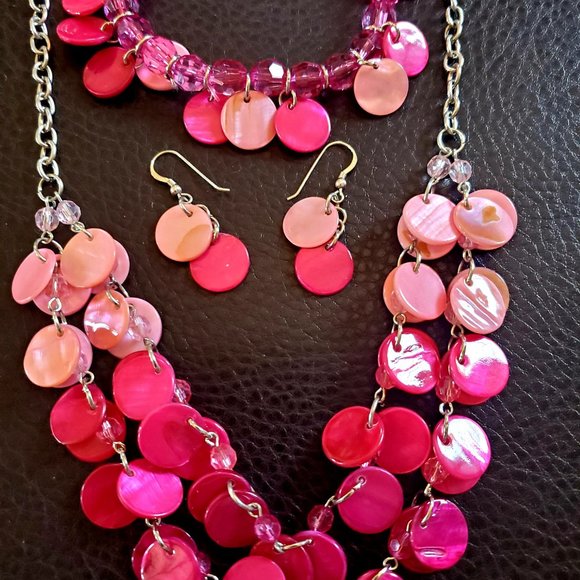 Mother of Pearl Abalone Shell Dark and Light Pink Necklace Bracelet Earrings Set - Picture 4 of 9